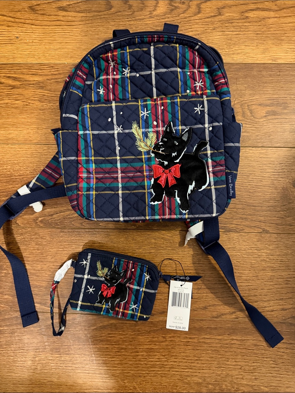 Vera Bradley Quilted Plaid Backpack and wallet  with Scotty Dog - Navy